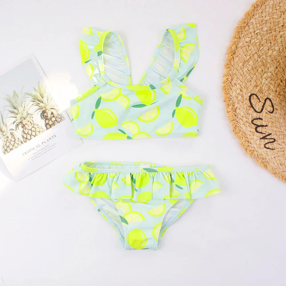 Ruffle Lemon Print Baby Kids Swimwear Swimsuit Summer Beach Cute Girls Kids Bikini Set 3-8Years Outdoor Children Swimming Suit
