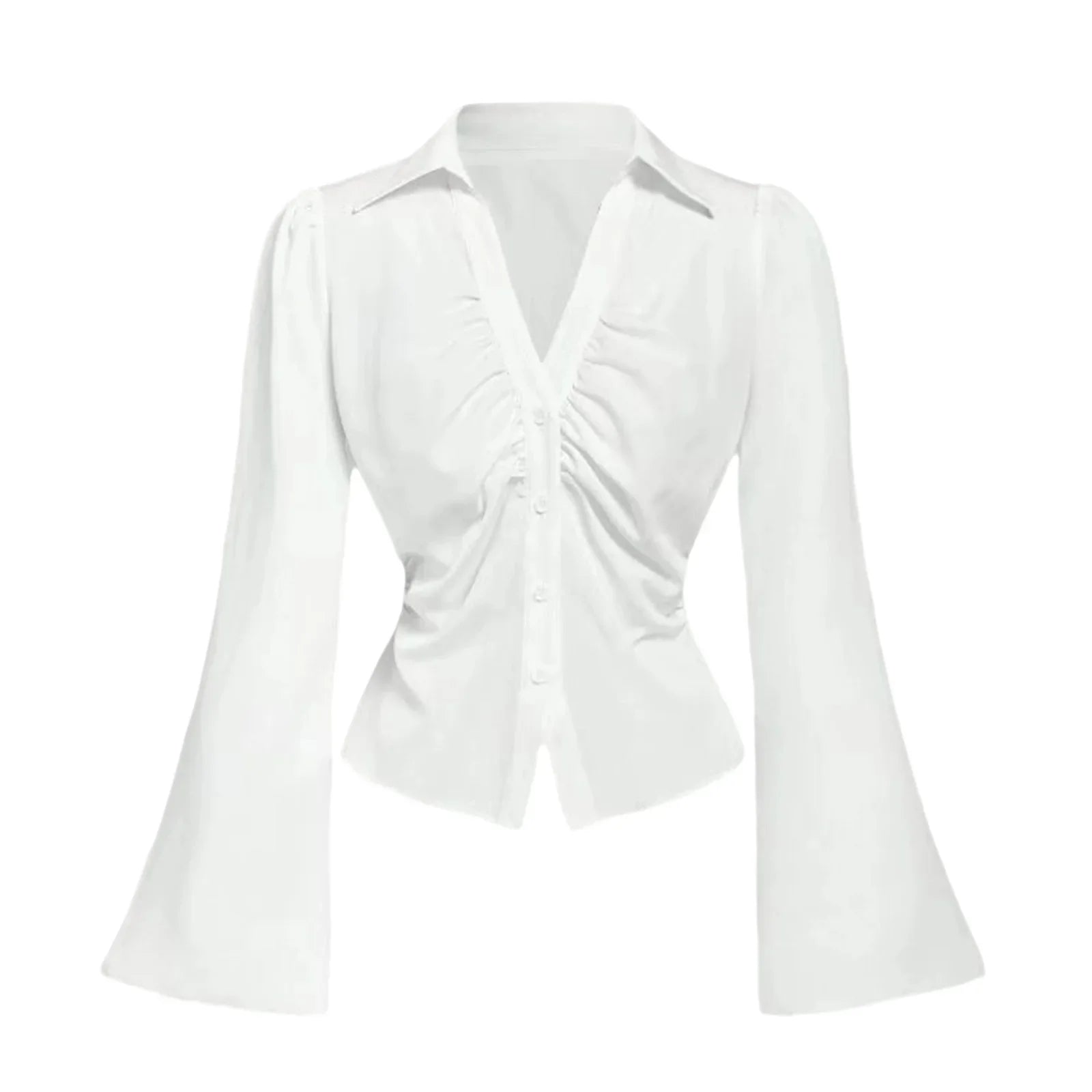 Women s Elegant Ruffle Sleeve Blouse Solid Color Lapel V-Neck Button Down Casual Shirt Spring Fall Fashion Tops