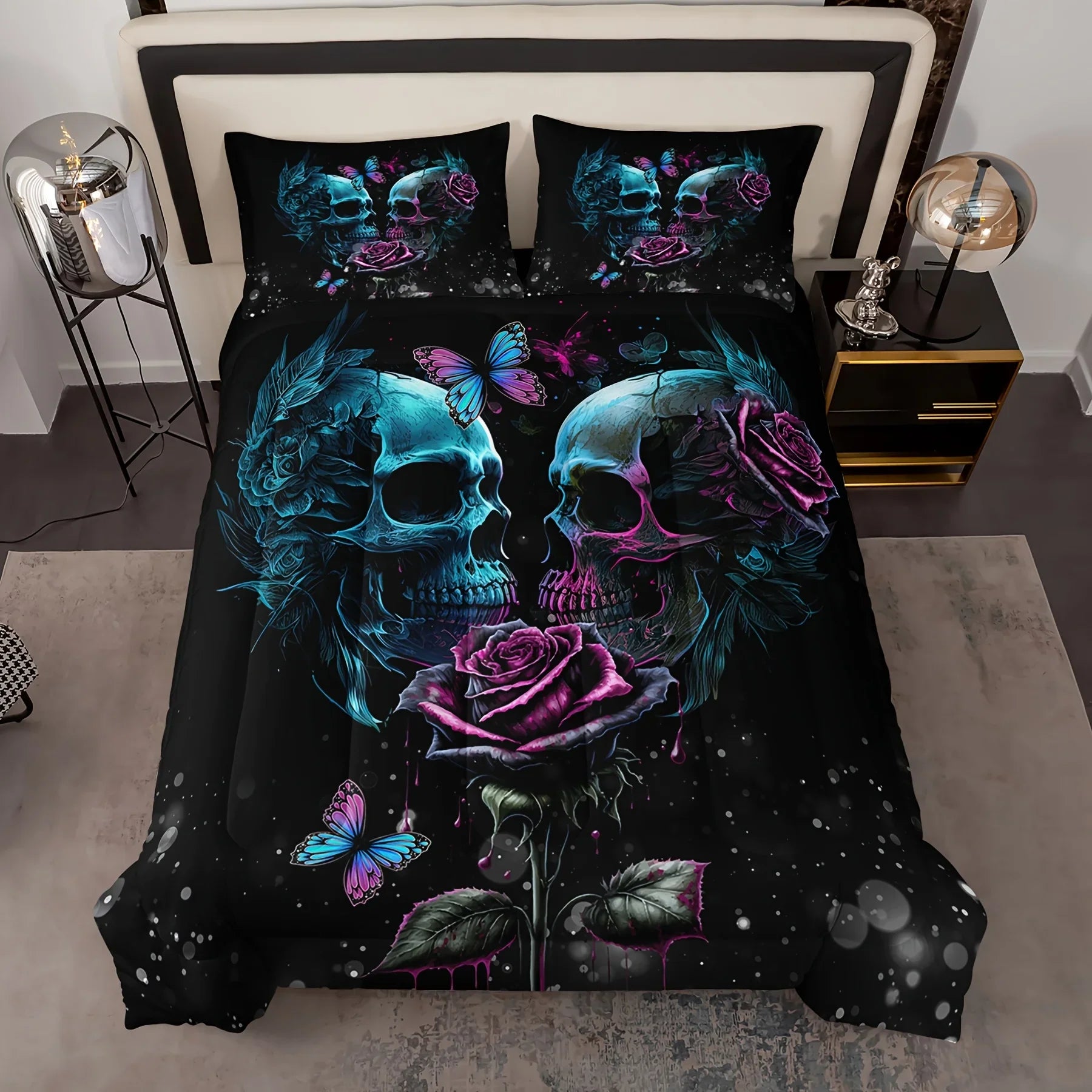 3pcs Skull Bedding Set Queen Size, Goth Bedding Sets Queen Skull Comforter Set, Rose Comforter Halloween Skull cover