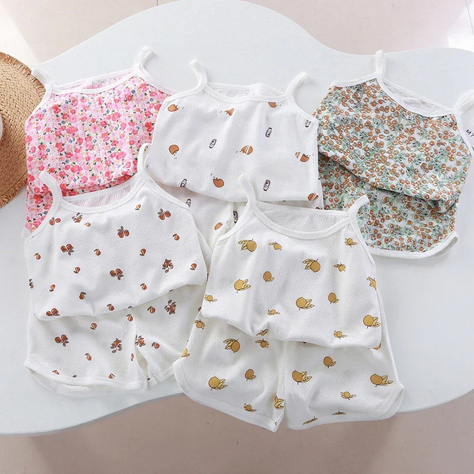 2 Pcs Children's Vest Sets Kids A-class Cartoon Print Girl Camisoles Baby Summer Clothes Shorts Girls' Home Clothes Pajama Sets