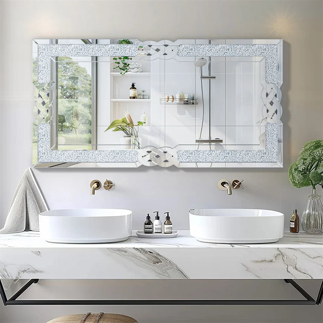LUVODI Large Crush Diamond Full Body Wall Mirror Artistic Silver Bathroom Vanity Mirror