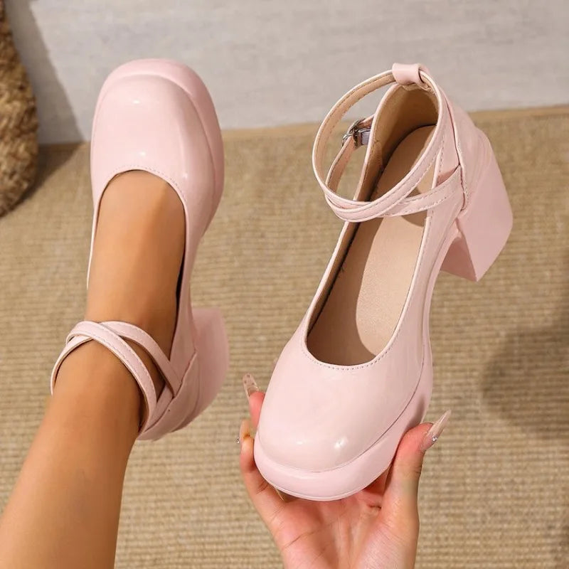 Fashion Ankle Strap Mary Janes Women 2025 PU Heel Pumps Woman  Party High Heels Shoes Female