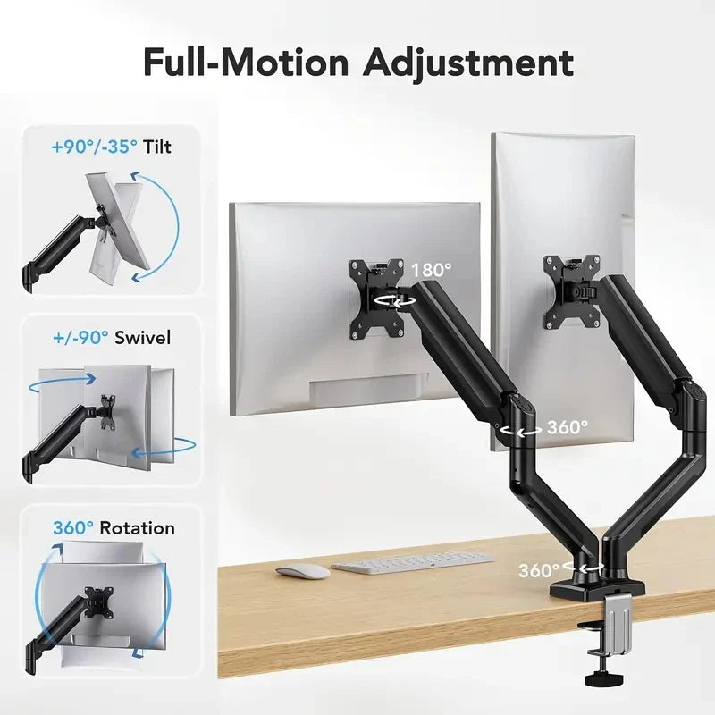 Dual Monitor Mount for 13″–32″ Screens, Adjustable Dual Monitor Stand, with 180° Swivel, Tilt, 360° Rotation for Home Office