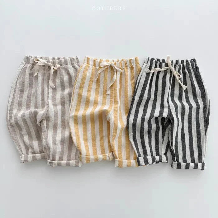 Children's Clothing Vintage Linen Cotton Stripe Pants Baby Boy Girl Casual Shorts Spring Summer Girls Loose Trousers and Shorts