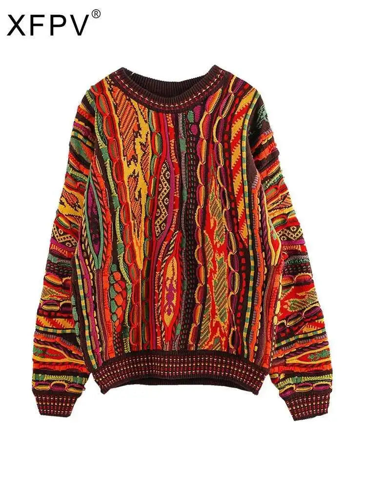 XFPV Sweet Stripe Long Sleeve Multicolor Oversized Pullover O Neck Sweater For Women Y2k Korean Fashion Tide Autumn 2025 SM114