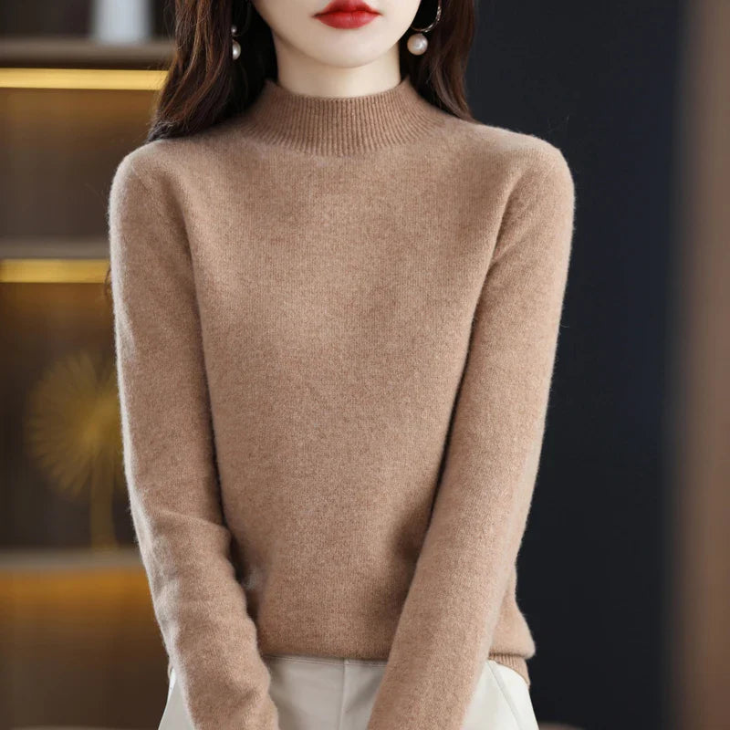 New Fashion Autumn And Winter Pure Wool Sweater Top Women's Semi-Turtleneck Solid Color Long-Sleeved Fashion Pullover Sweater101