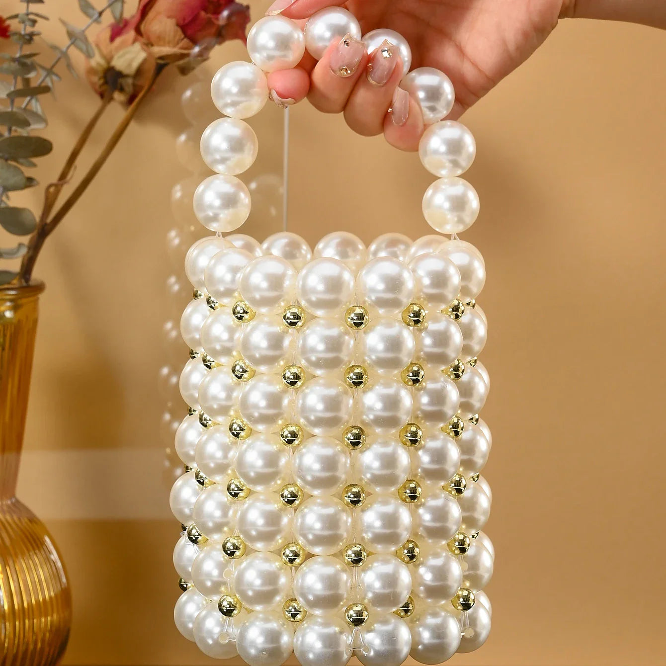 Women's Luxury Pearl Handbag Elegant Handmade Pearl Bucket Bag Detachable pearl chain shoulder Bag Dinner Party Evening Gown Bag