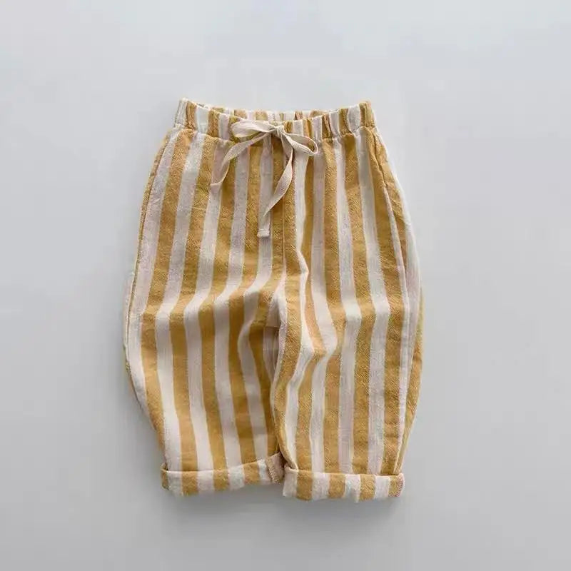 Children's Clothing Vintage Linen Cotton Stripe Pants Baby Boy Girl Casual Shorts Spring Summer Girls Loose Trousers and Shorts